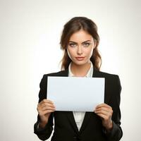 Businesswoman holding a blank sign Isolated on white background AI Generated photo