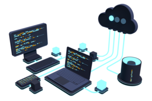 Cloud technology computing concept. Modern cloud technology. Data center isometric concept. 3D cloud technology with datacenter. Web hosting concept. 3D rendering png