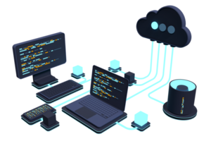 nube tecnología informática concepto. moderno nube tecnología. datos centrar isométrica concepto. 3d nube tecnología con centro de datos. web hospedaje concepto. 3d representación png