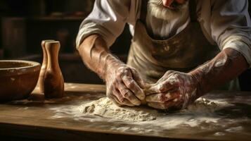 Man kneading dough on a wooden table AI Generated photo