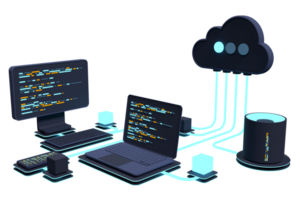 Cloud technology computing concept. Modern cloud technology. Data center isometric concept. 3D cloud technology with datacenter. Web hosting concept. 3D rendering png