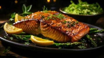 A la parrilla salmón filetes con espárragos ai generado foto