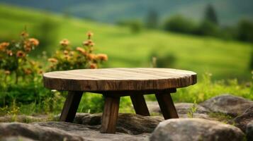 de madera mesa en naturaleza ai generado foto