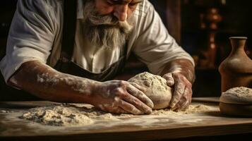 Man kneading dough on a wooden table AI Generated photo