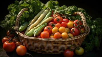 mimbre cesta con Fresco orgánico vegetales ai generado foto