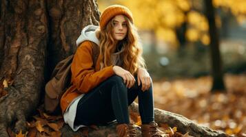 Happy young sitting near a tree in autumn forest AI Generated photo