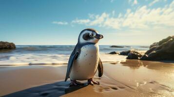 pingüino en el playa ai generado foto