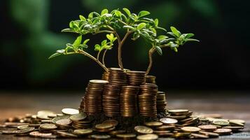 Small tree on stack coins AI Generated photo