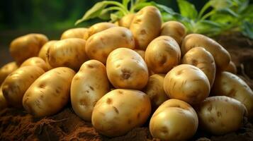 Beautiful fresh potatoes on a brown ground AI Generated photo