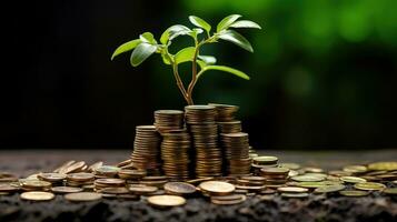 pequeño árbol en apilar monedas ai generado foto