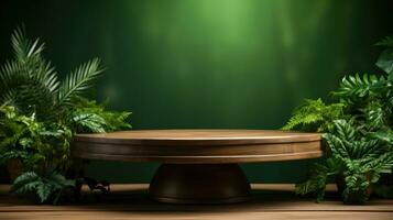 Wooden podium with green background AI Generated photo