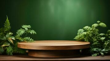 Wooden podium with green background AI Generated photo