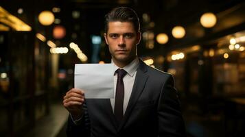 Businessman holding a blank sign AI Generated photo