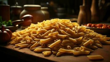 Italian pasta on wooden table AI Generated photo