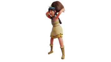 3D illustration. Ancient Woman 3D cartoon character. Ancient women who lived in the forest for decades. A sweet woman wearing traditional clothes and lifting a stone. 3D cartoon character png