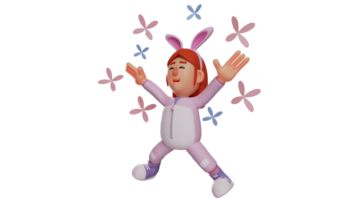 3D illustration. Fun Bunny Girl 3D cartoon character. Bunny girl stretched her arms up and was surrounded by lots of flowers. Bunny girl smiles and shows a happy expression. 3D cartoon character png