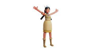 3d ilustração. feliz indiano menina 3d desenho animado personagem. indiano menina alongar dela mãos para cima. indiano menina sorridente Felizmente. indiano menina vestindo tradicional fantasia. 3d desenho animado personagem png