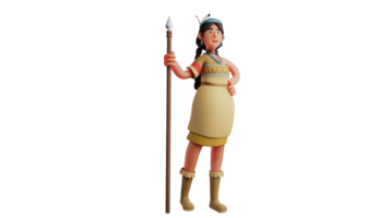 3D illustration. Gorgeous Indian Girl 3D cartoon character. Indian girl in standing pose and carrying a spear. Indian hunter who is preparing to go hunting into the forest. 3D cartoon character png