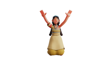 3d ilustração. triste indiano menina 3d desenho animado personagem. indiano menina dentro uma posição para adoração algo. menina dentro indiano traje levanta dela mãos acima enquanto Rezar. 3d desenho animado personagem png