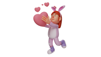 3d illustratie. romantisch konijn meisje 3d tekenfilm karakter. konijn meisje draagt een Super goed symbool van liefde. weinig meisje vervelend een konijn kostuum en glimlachen gelukkig. 3d tekenfilm karakter png