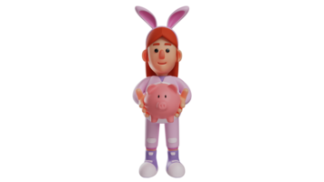 3D illustration. Smart Bunny Girl 3D cartoon character. Bunny Girl stood up holding a piggy bank. Bunny girl smiled sweetly. Bunny girl who is diligent and always saves. 3D cartoon character png