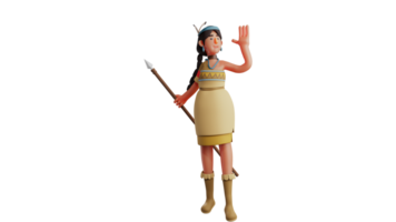 3D illustration. Friendly Indian Girl 3D cartoon character. Indian girl waves her hand to someone she meets. Woman wearing an Indian costume and carrying a spear. 3D cartoon character png