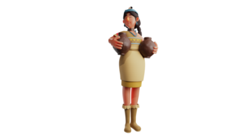 3d ilustração. deslumbrante indiano mulher 3d desenho animado personagem. lindo indiano menina carrega dois jarros preenchidas com água usando ambos mãos. indiano menina sorridente Felizmente. 3d desenho animado personagem png