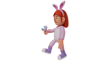 3D illustration. Attractive Bunny girl 3D cartoon character. Bunny girl walking while carrying a flower. Bunny girl looked at the flowers she was carrying carefully. 3D cartoon character png