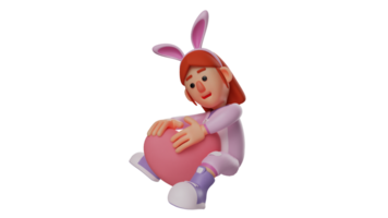 3d ilustração. fofa Coelho menina 3d desenho animado personagem. Coelho menina é sentado enquanto abraçando uma grande amor símbolo. Coelho menina parece gostar ela curtidas a Rosa amor símbolo. 3d desenho animado personagem png