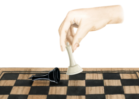 Chess player hand making move with white queen to checkmate black king watercolor illustration for board game designs. png