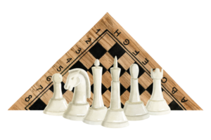 White chess pieces illustration. Hand drawn realistic watercolor clipart of king, queen, knight, rook, bishop, pawn for hobby sport designs png