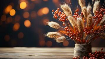 Festive autumn decor from flower and leaves on a white wooden background by generative AI photo