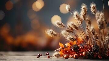 Festive autumn decor from flower and leaves on a white wooden background by generative AI photo