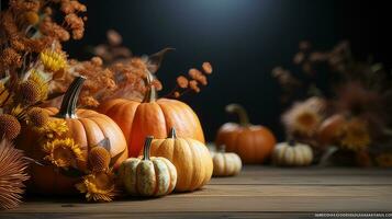 Autumn pumpkin arrangement on a wood background by generative AI photo