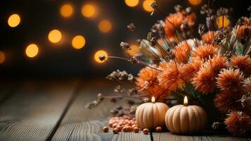 Autumn pumpkin arrangement on a wood background by generative AI photo
