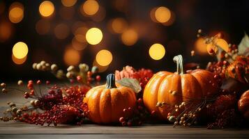 Autumn pumpkin arrangement on a wood background by generative AI photo