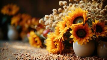 Autumn sunflower arrangement on a wood background by generative AI photo