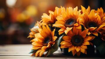 Autumn sunflower arrangement on a wood background by generative AI photo