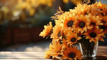 Autumn sunflower arrangement on a wood background by generative AI photo