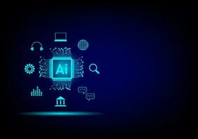 Artificial intelligence concept. Ai and circuit board technology with icons such as laptop, bank, searching, data chat and music on blue background. Innovation and idea. vector