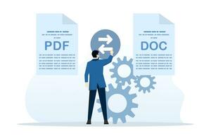 Concept of converting PDF to document file. Convert PDF. PDF converter from jpg, Screen with the conversion process or conversion of documents to other formats. Mobile converter technology. vector