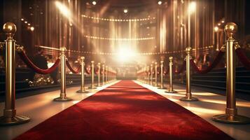 Red carpet rolling out in front of glamorous movie premiere background, Generative AI photo