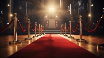 Red carpet rolling out in front of glamorous movie premiere background, Generative AI photo