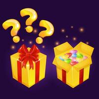 Close and open gift boxes full of gems, game ui interface element vector