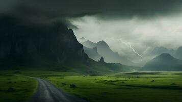 Beautiful fantasy landscape with road and mountains photo