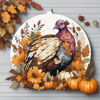 thanksgiving turkey and pumpkins on white background watercolor photo