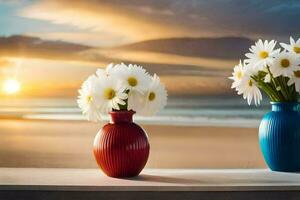 two vases with white flowers on a beach. AI-Generated photo