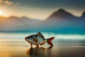 a fish is standing on the beach at sunset. AI-Generated photo