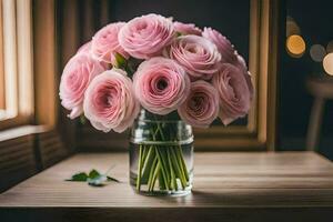 pink roses in a vase on a table. AI-Generated photo