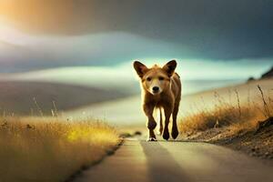 un perro caminando abajo un la carretera en el medio de un campo. generado por ai foto